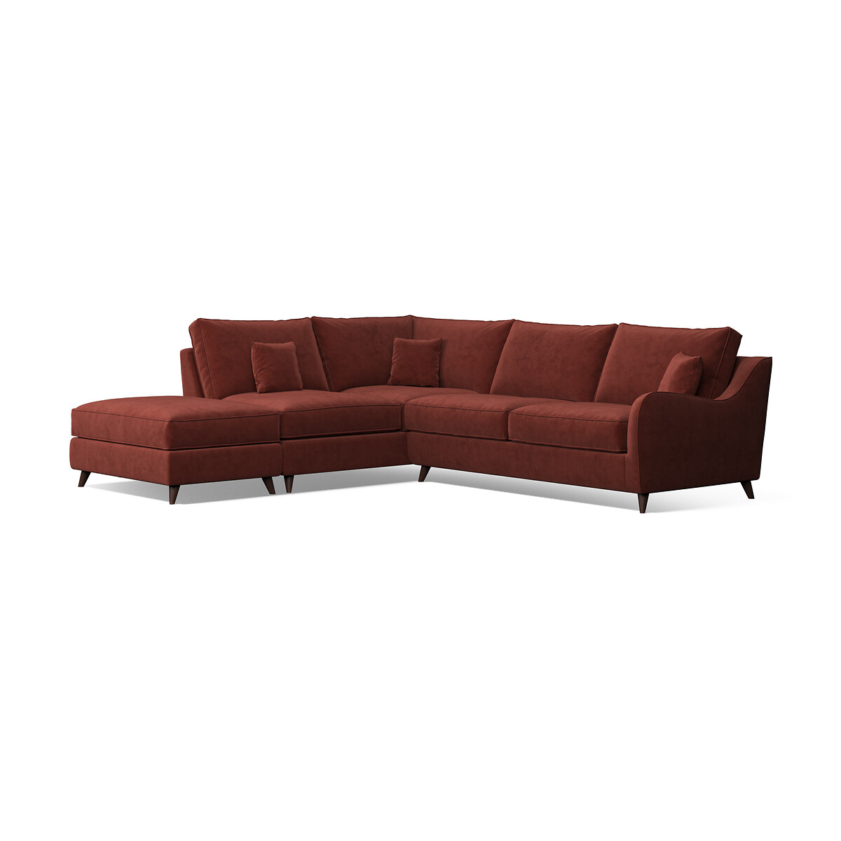 Amelia Velvet Corner Sofa & Modular Footstool Set with Dark Wood Legs (Left Facing) burgundy, ÉDITÉ