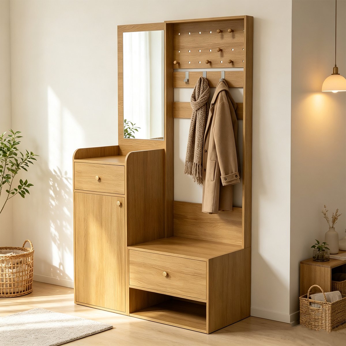 Vestiaire d'entrée avec miroir et rangement, PORTER-E hêtre, MEUBLES COSY