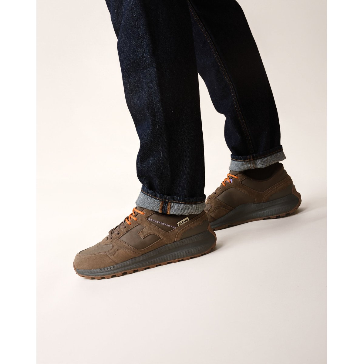 Baskets running en cuir taupe, FAGUO