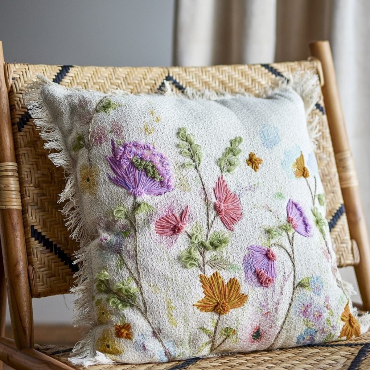Coussin coton fleurs brodées Pogni multicolore, BLOOMINGVILLE