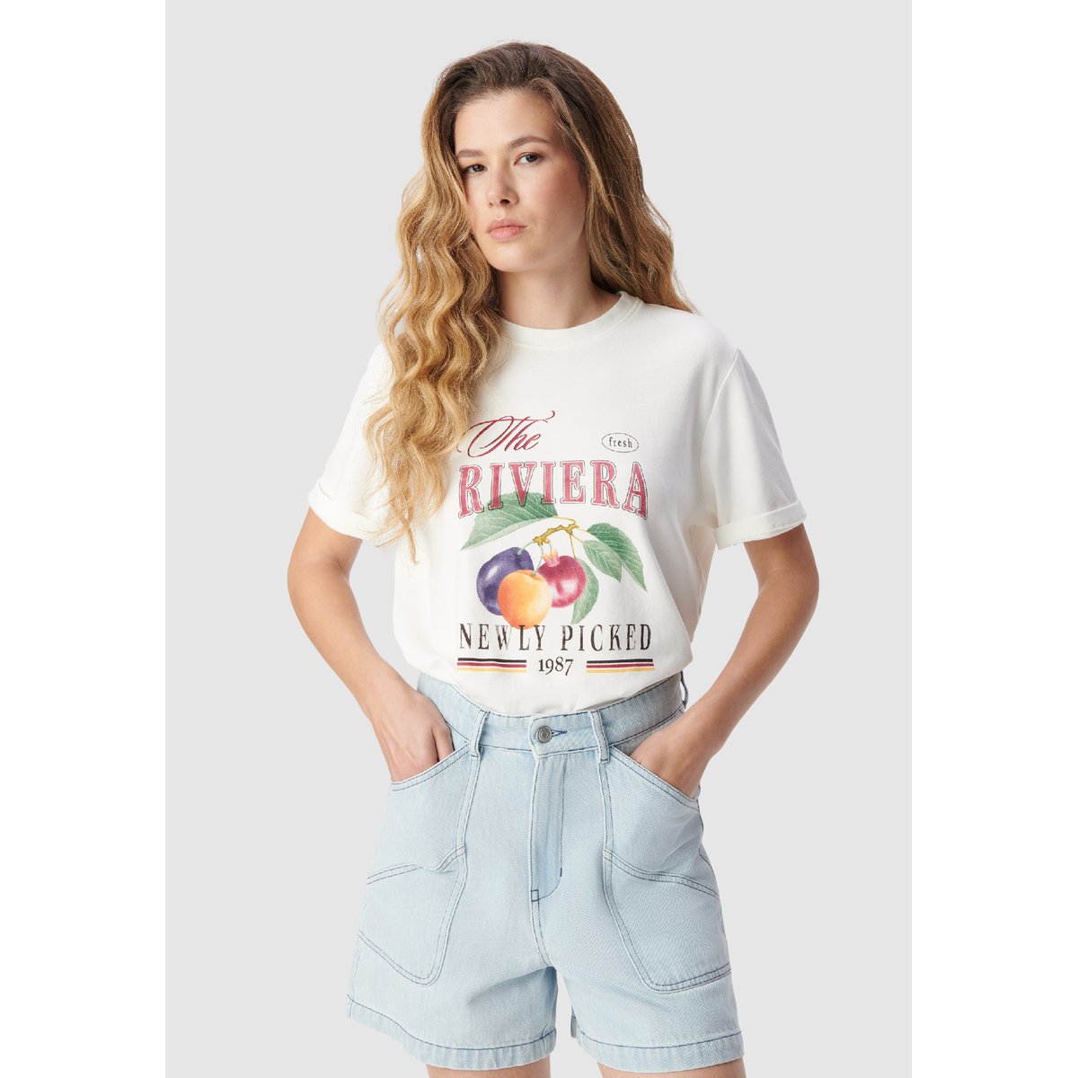 Tee-shirt col rond fantaisie fruits sérigraphie ecru, IKKS