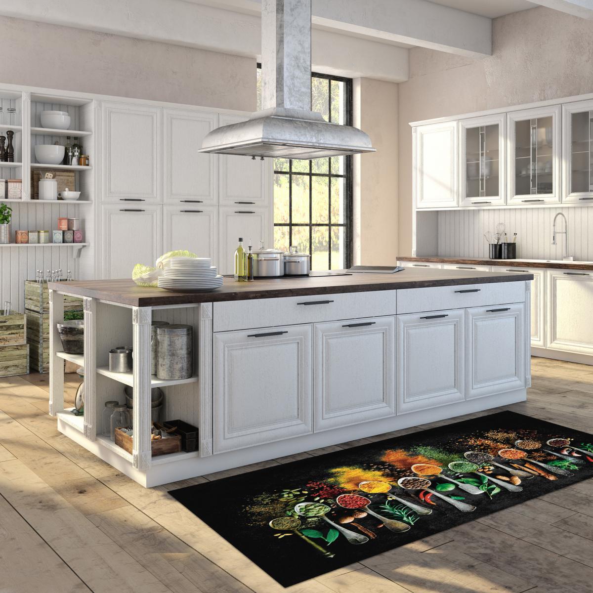 Tapis de cuisine lavable 30° LYN11 IMA noir, jaune, vert, UN AMOUR DE TAPIS