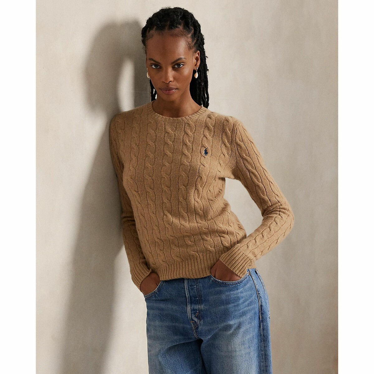 Pull col rond en maille torsadée, 80% laine 20% cachemire camel, POLO RALPH LAUREN