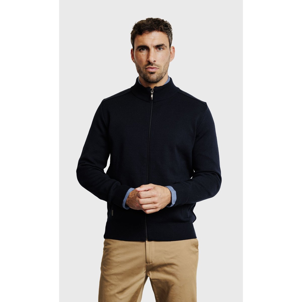 Gilet en maille Milano 3 fils en laine mérinos bleu marine, ACROSS