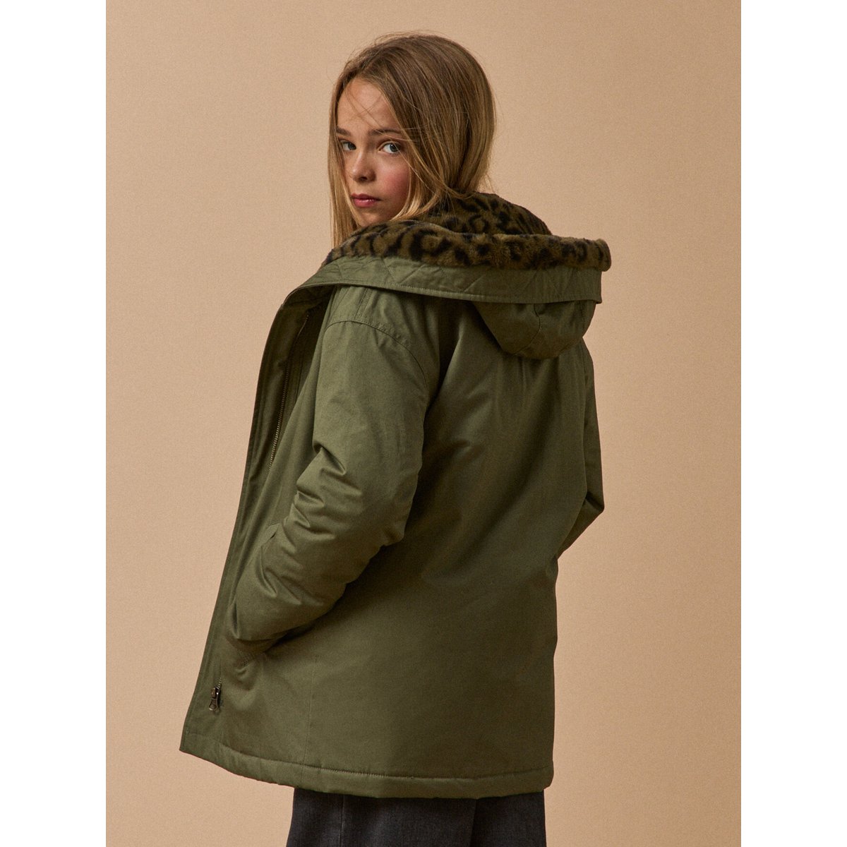 Parka courte doublée léopard - Junior vert olive, CYRILLUS