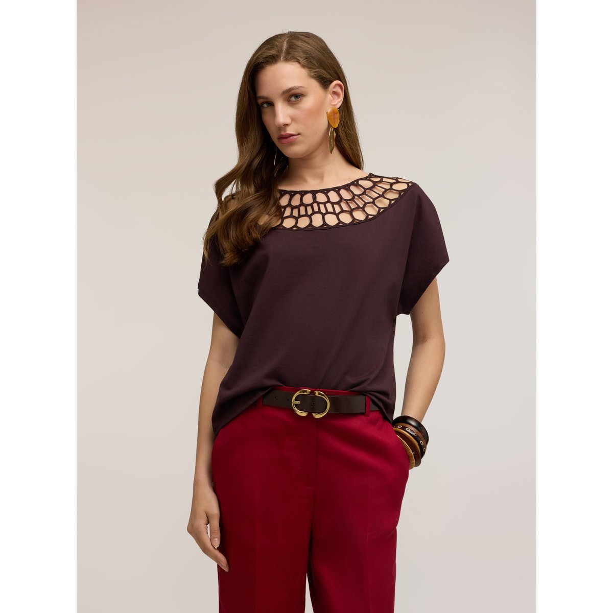 T-shirt avec finition effet dentelle marron, MOTIVI