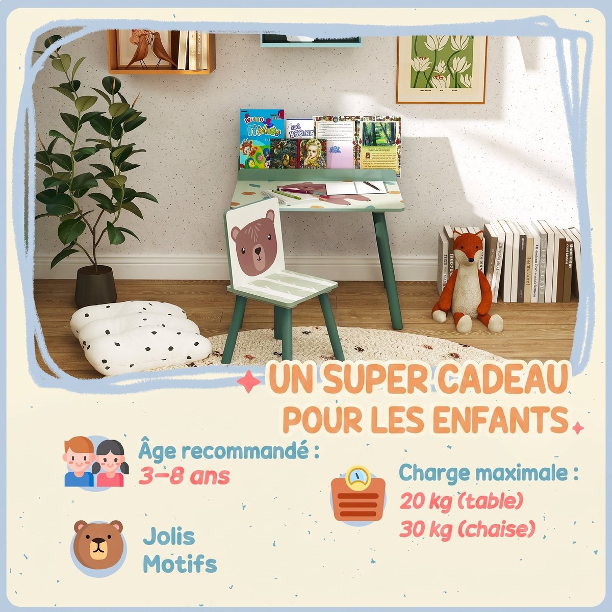 Ensemble table et chaises pour enfants MDF vert émeraude, AIYAPLAY