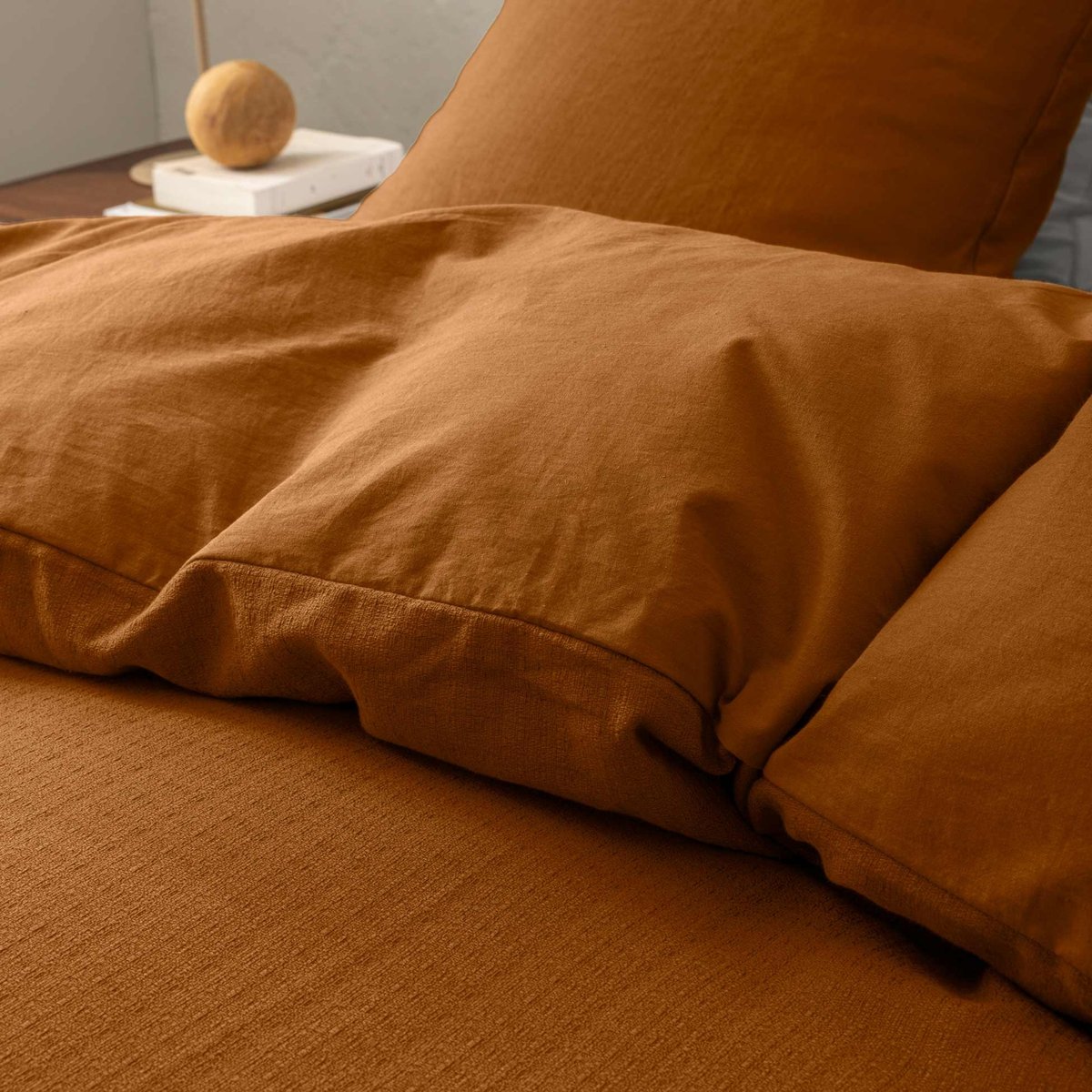 Parure de lit 3 pièces en coton tissage épais housse + taies marron clair, DOUCEUR D'INTÉRIEUR