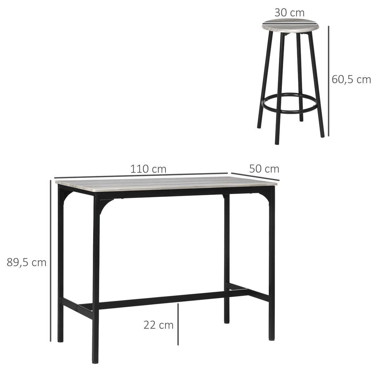 Ensemble de table de bar MDF Gris gris, noir, HOMCOM