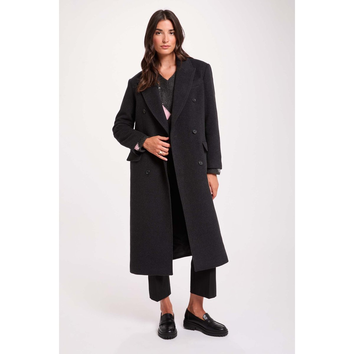 Manteau long col tailleur denim gris fonce, MORGAN
