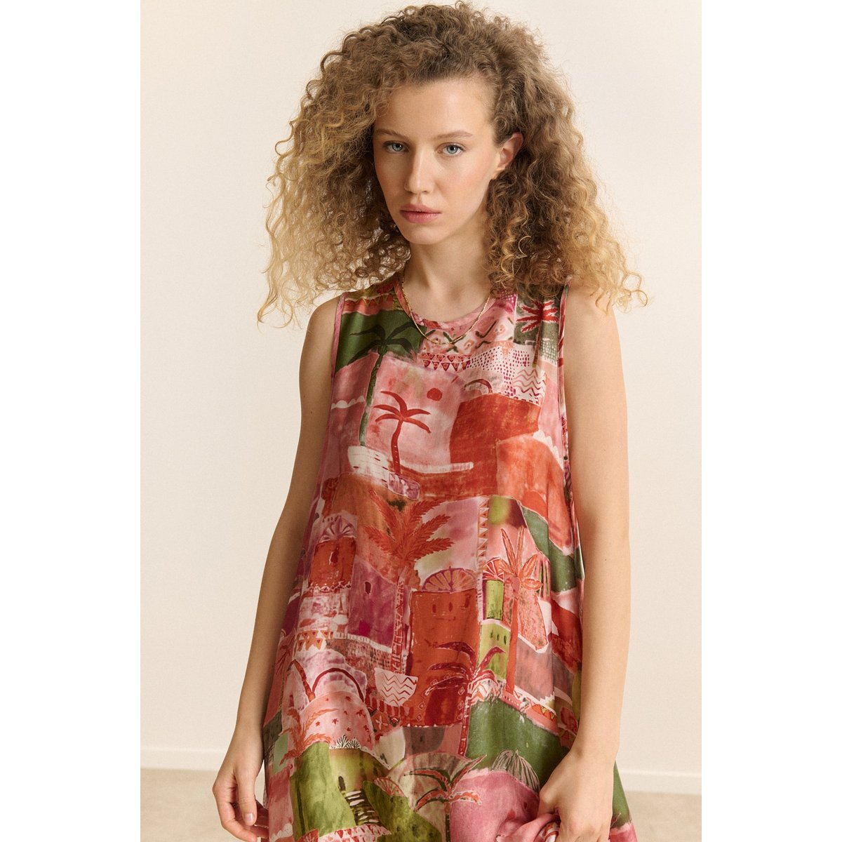 Robe midi sans manches imprimée CAMELIA rose, GARANCE PARIS 