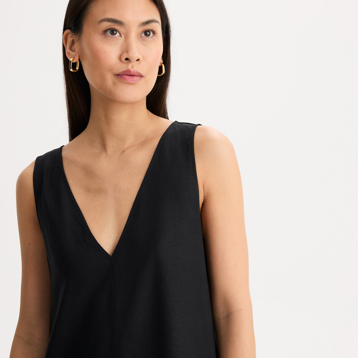 Robe sans manches longueur midi en lin et viscose noir, ANNE WEYBURN