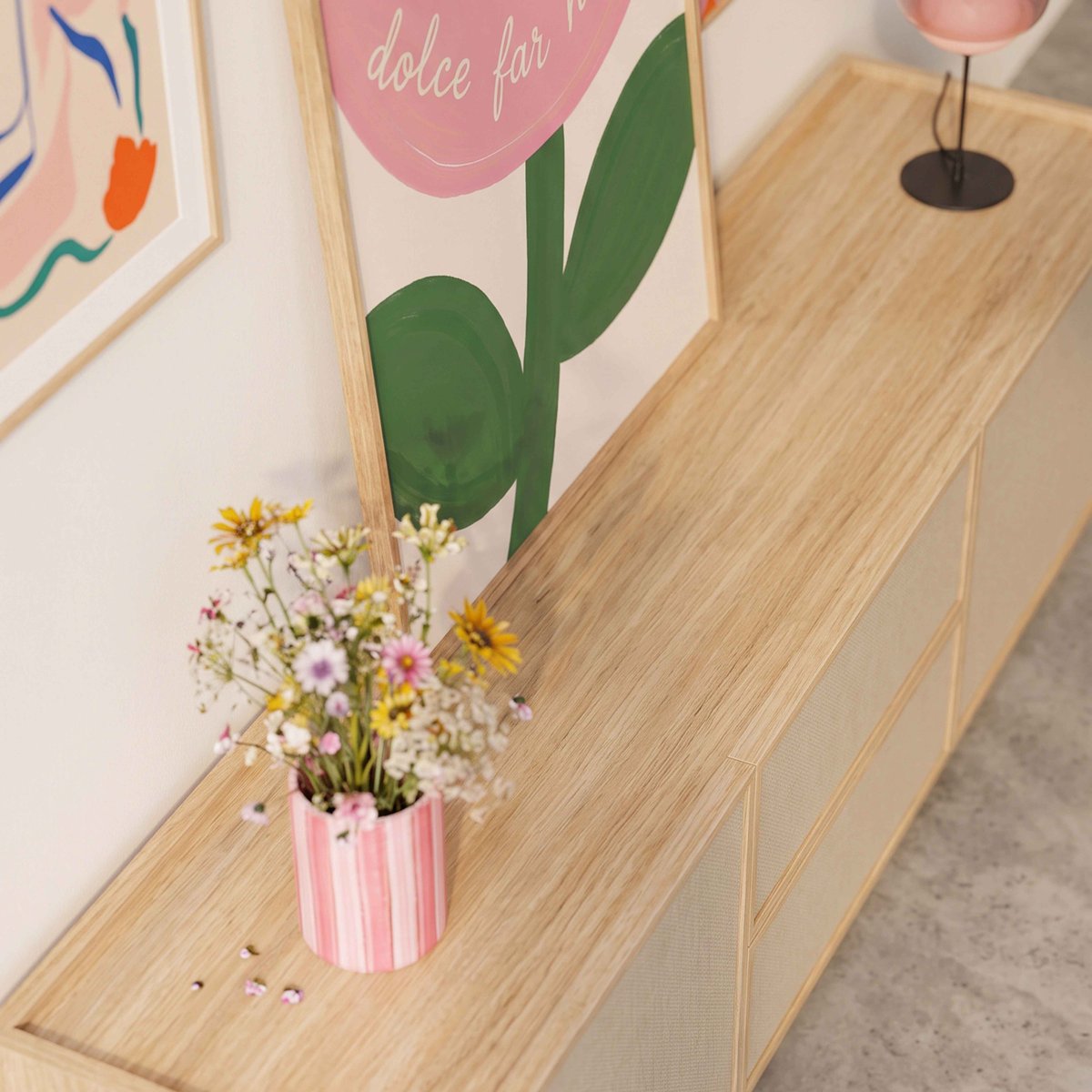 Meuble TV effet bois 150 cm en tissu style scandinave, TOMY bois clair, OVIALA