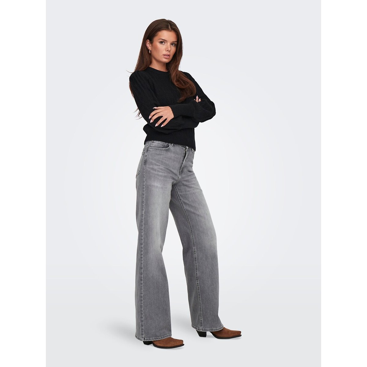 Jean large, taille haute gris, ONLY