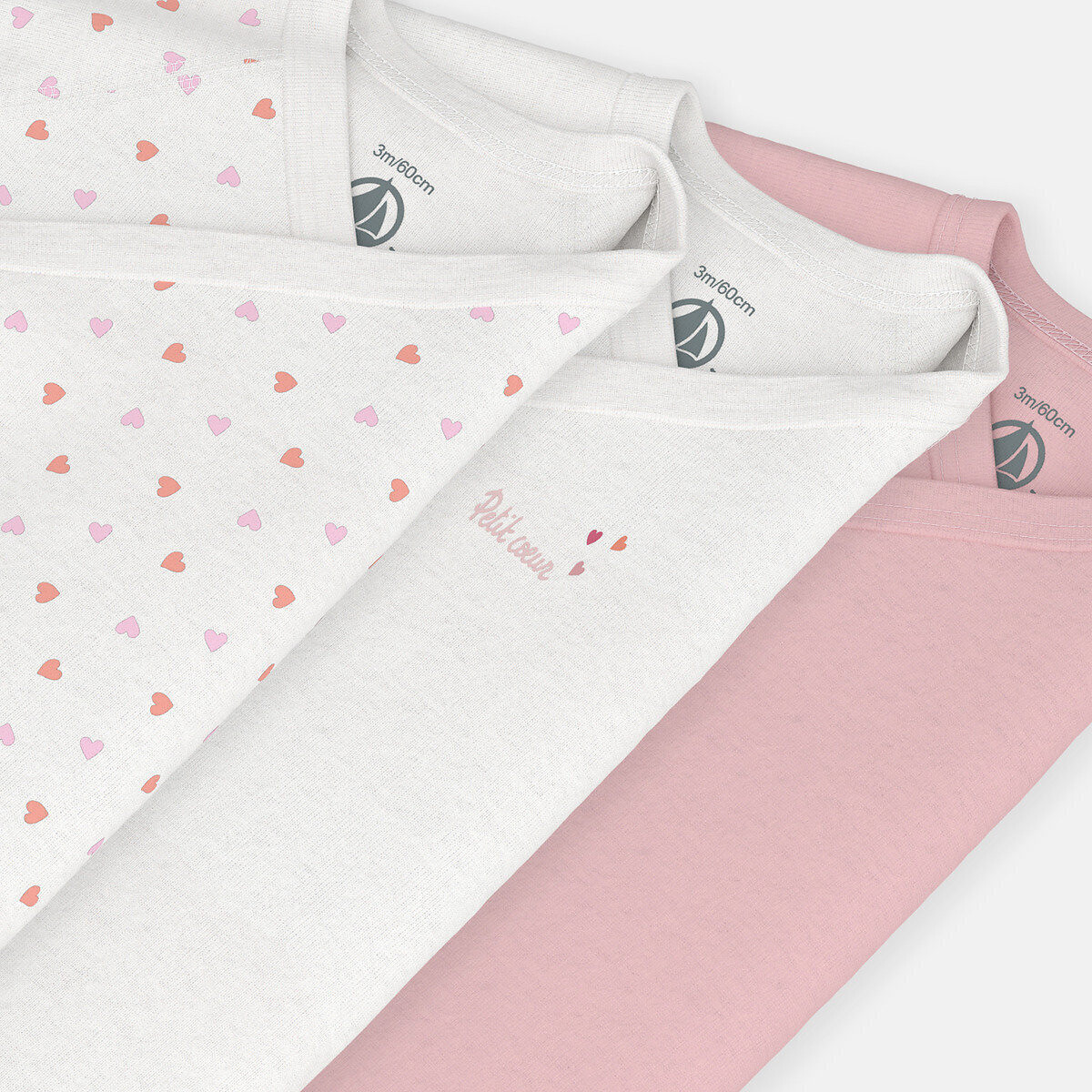 Confezione di 3 body neonato a maniche lunghe bianco + rosa, PETIT BATEAU
