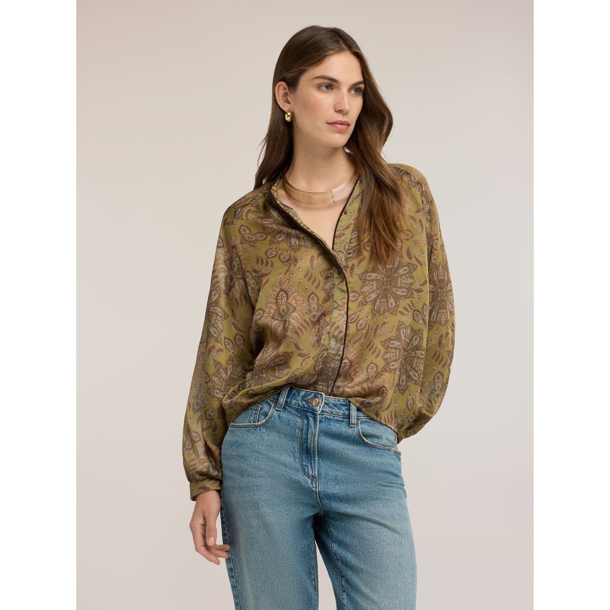 Blouse avec imprimé et manches ballon verde militare, MOTIVI