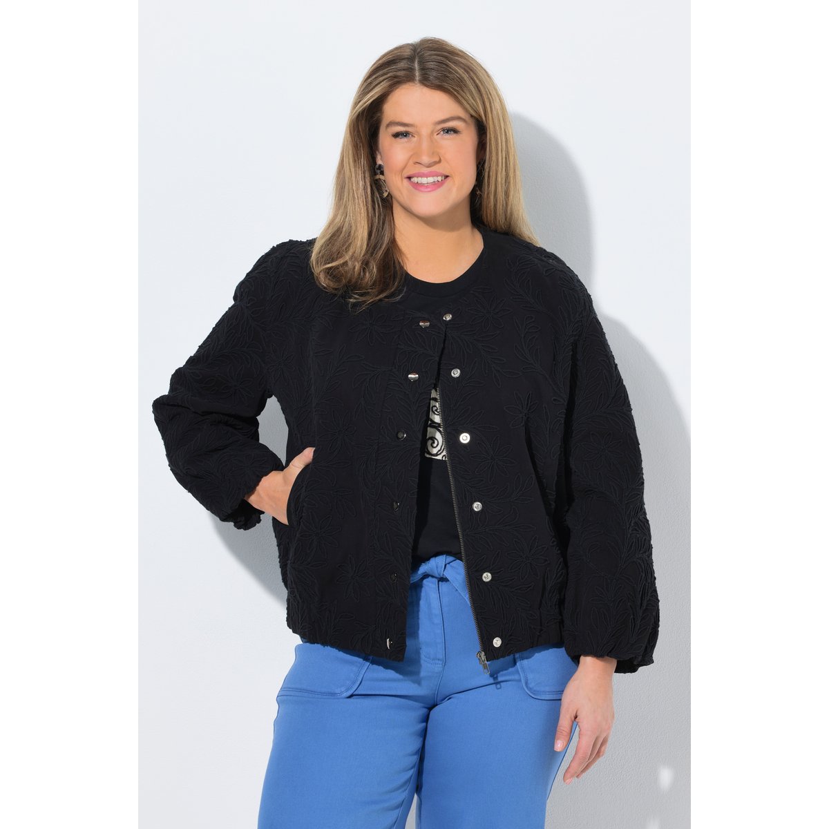 Blouson, broderie, col rond noir, ULLA POPKEN