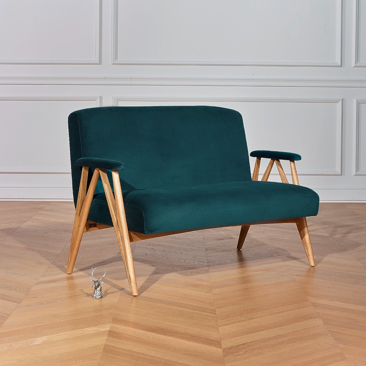 Banquette style scandinave 2 places en hévéa massif et velours WILLY bleu paon, ROBIN DES BOIS