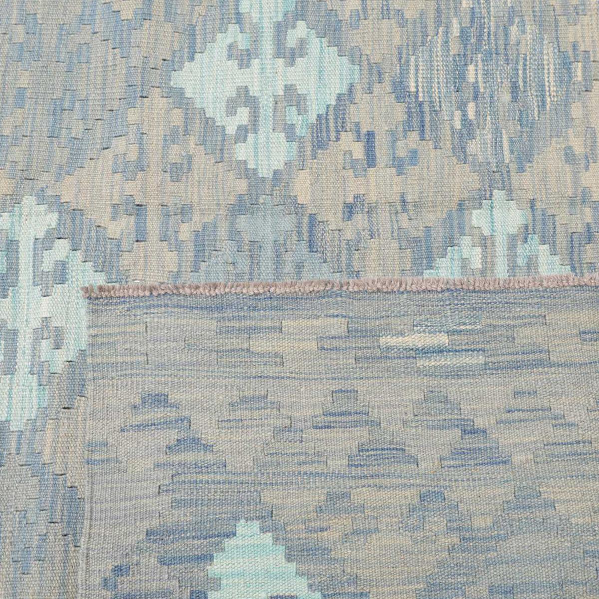 Tapis kilim au motif géométrique, tissé plat en laine, KILIM 55 bleu, beige, gris, UN AMOUR DE TAPIS