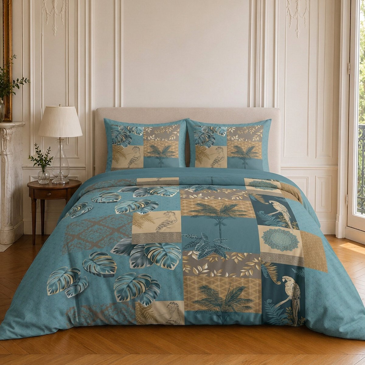 Parure de lit en coton motif tropical, SURINAME bleu canard, C DESIGN HOME TEXTILE