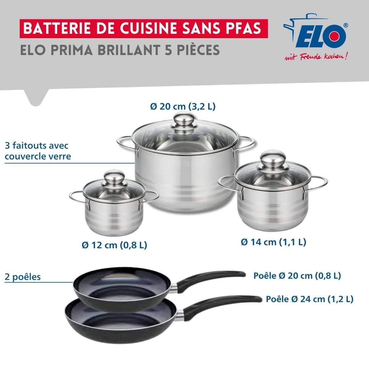 Batterie 2 poêles 20/24cm + 3 faitouts 12/14/20cm PRIMA BRILLANT noir, ELO