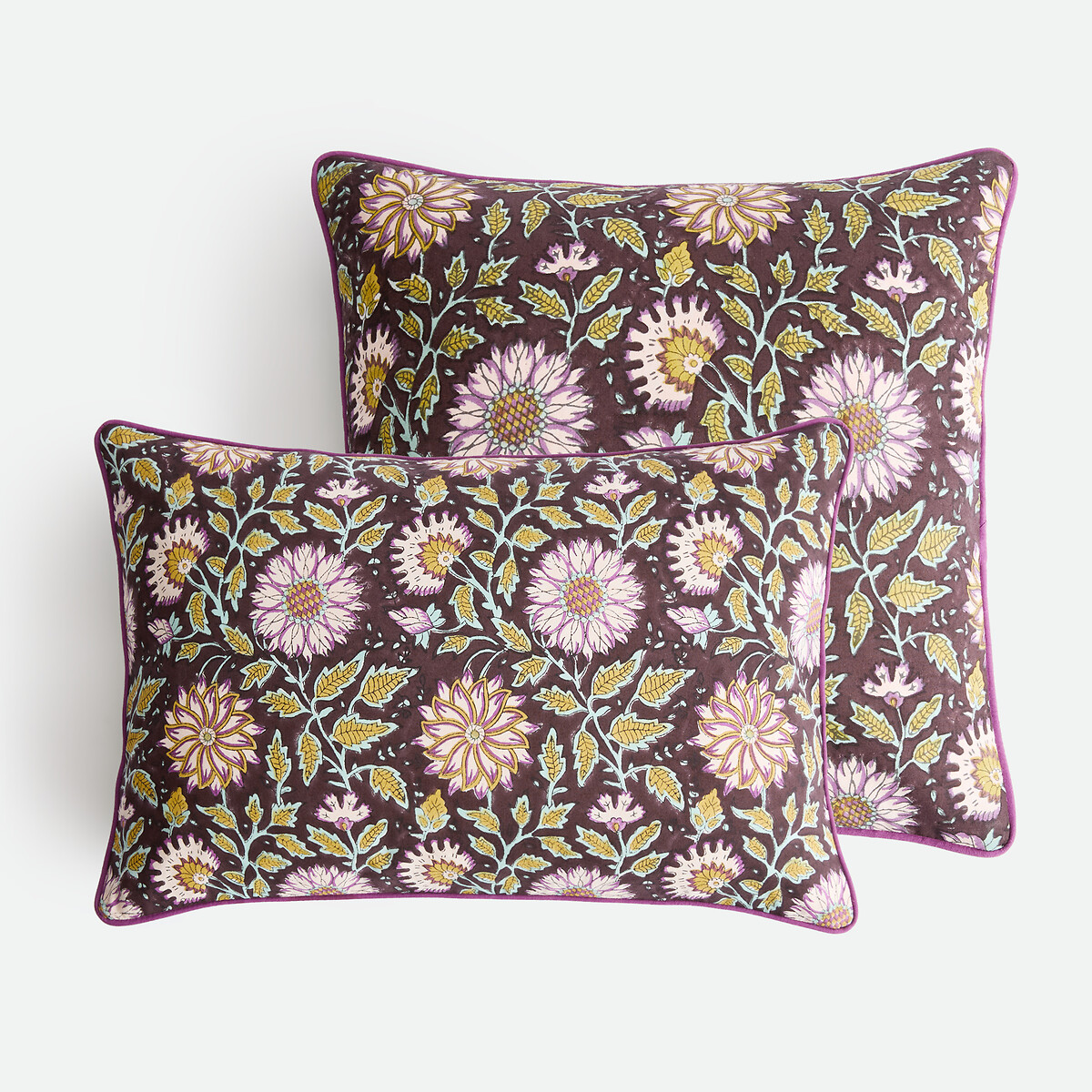 Housse de coussin, en coton imprimé block-print, SHANDIRA bordeaux/céladon, LA REDOUTE INTERIEURS