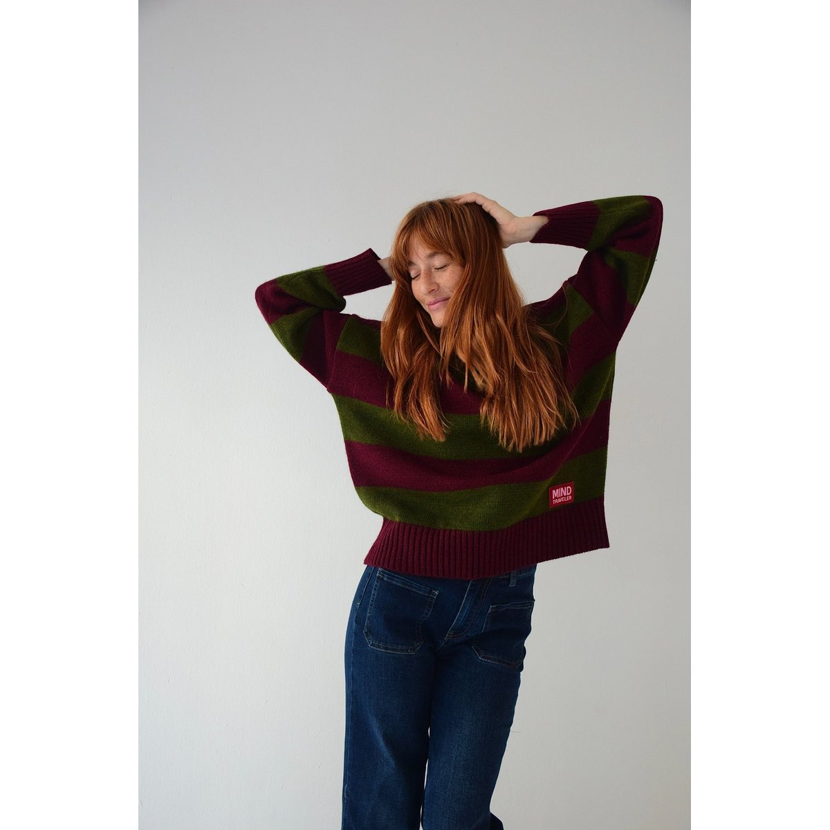 Pull rayé col rond ALEX kaki / bordeaux, MINDTRAVELER