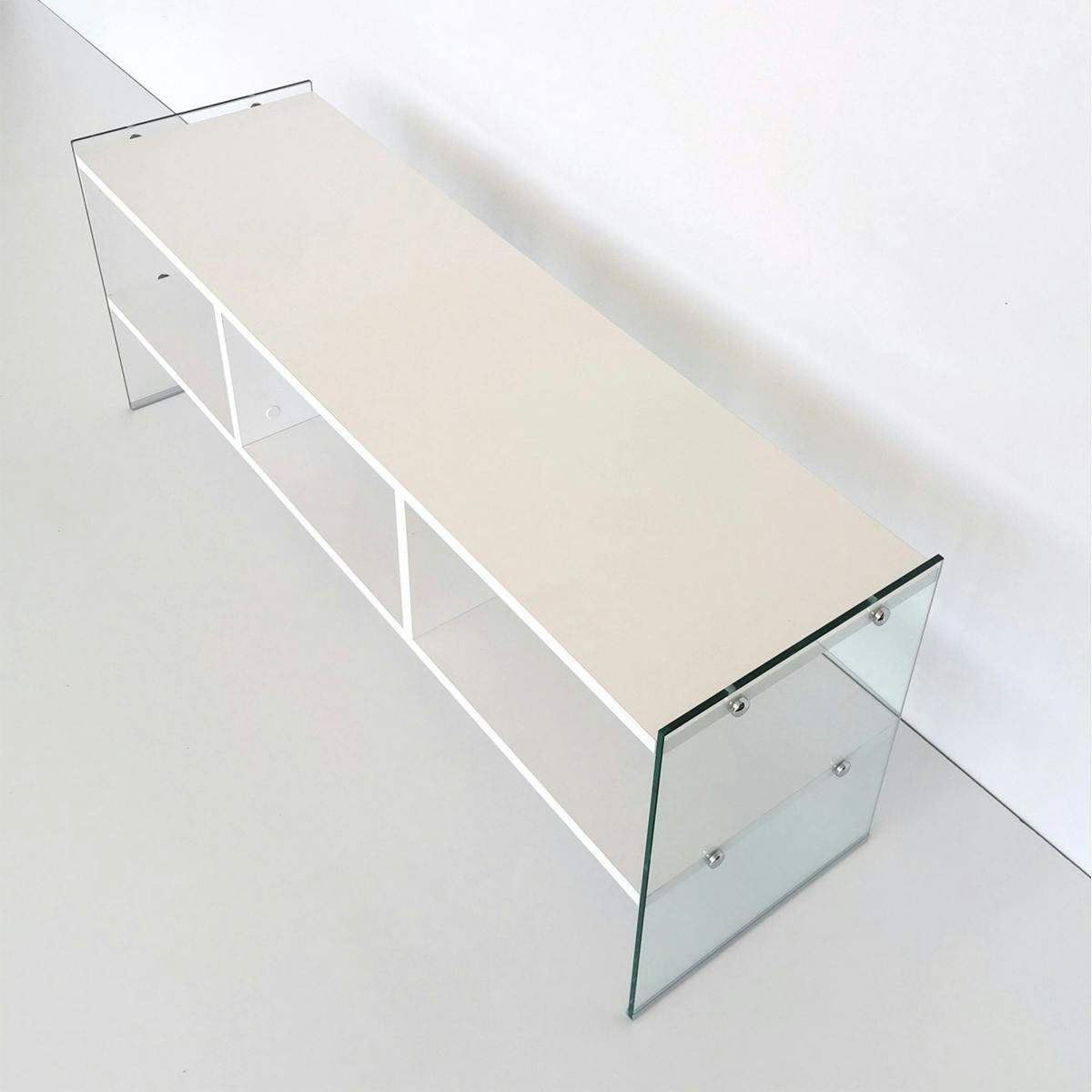 Meuble TV design 2 niveaux pieds verre SALTA blanc, PIER IMPORT