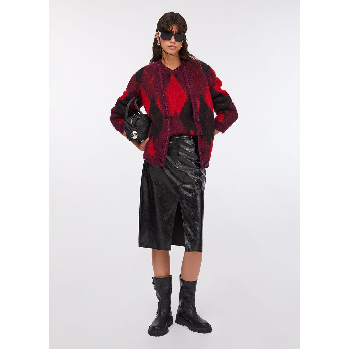 Cardigan à losanges en laine et alpaga rouge, LIU JO