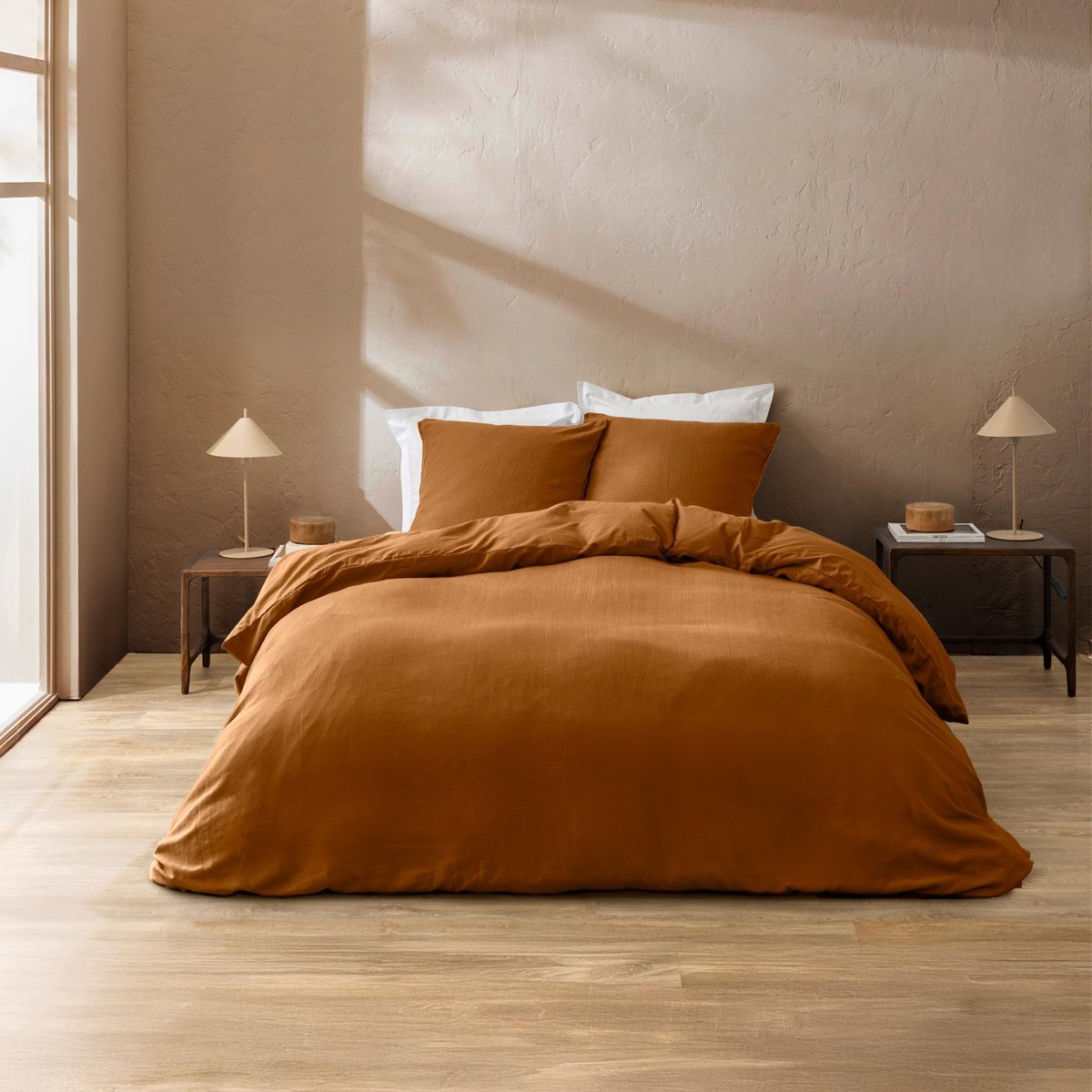 Parure de lit 3 pièces en coton tissage épais housse + taies marron clair, DOUCEUR D'INTÉRIEUR