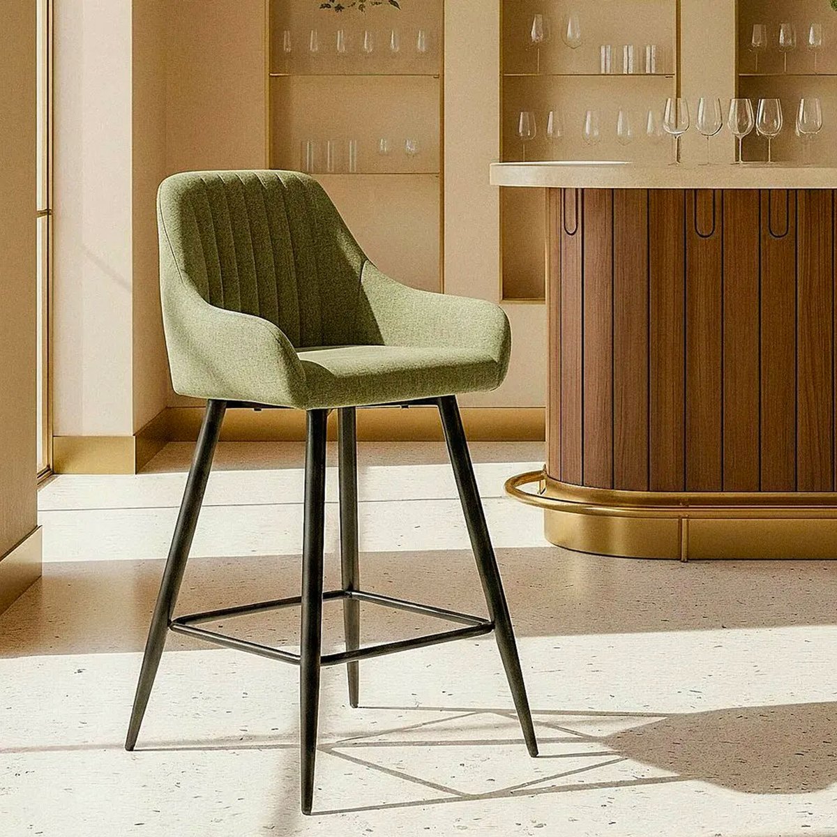 Tabouret de bar tissu vert et métal noir 47x47x93cm vert, WADIGA