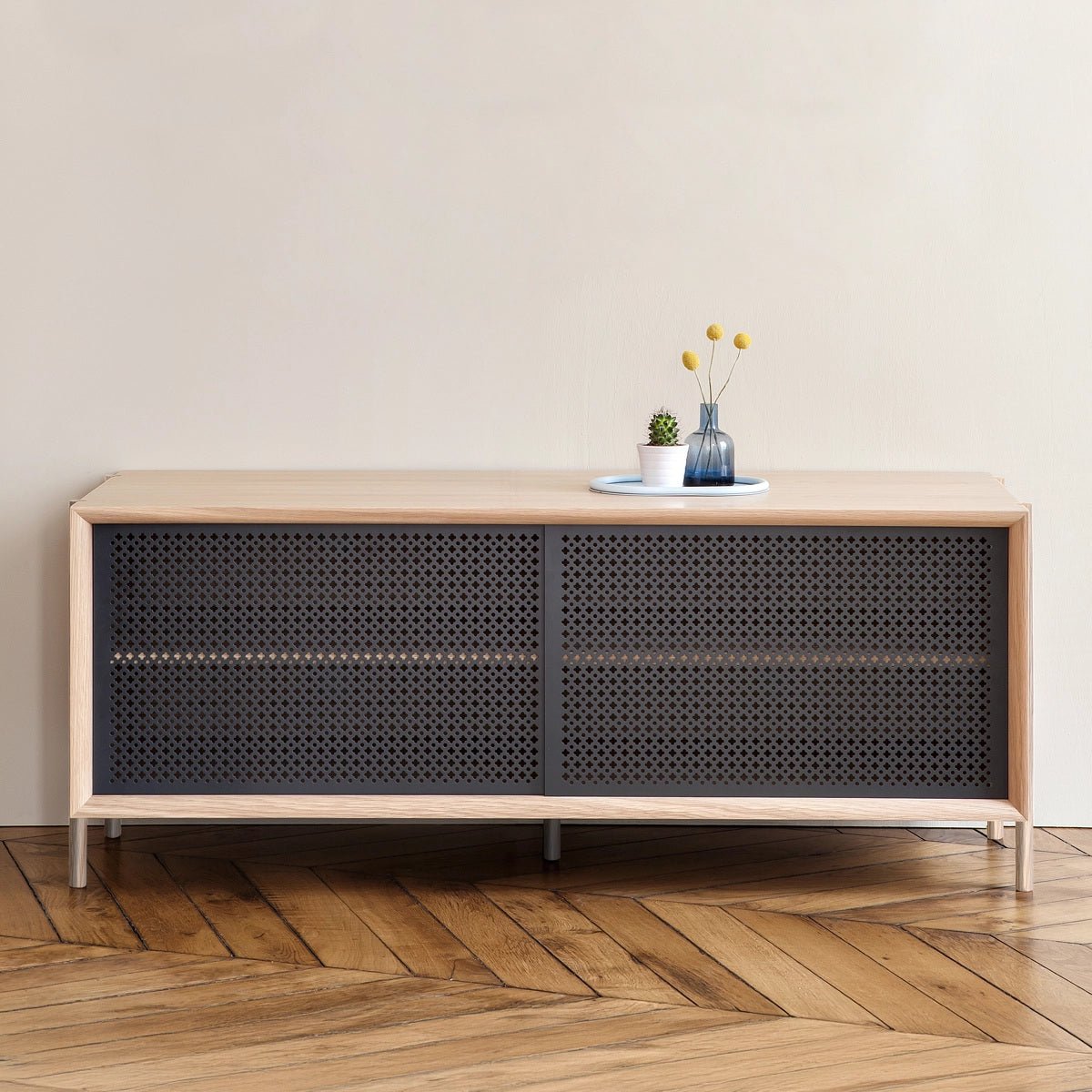 Buffet en chêne avec portes en métal, GABIN gris ardoise, HARTO