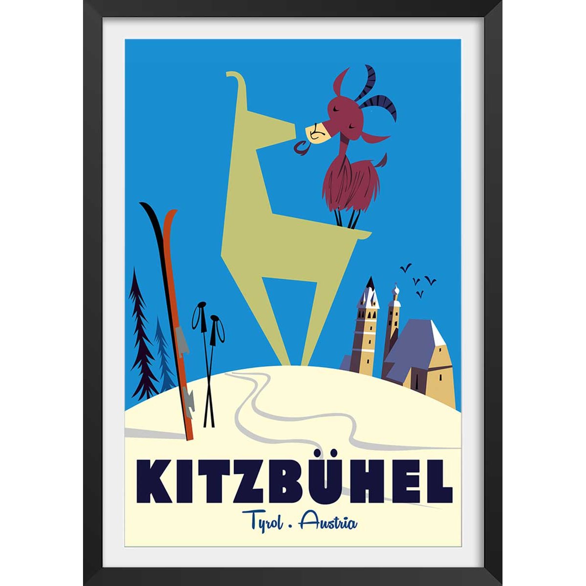 Poster de bisous de kitzbuhl affiche + cadre en bois - noir, HEXOA