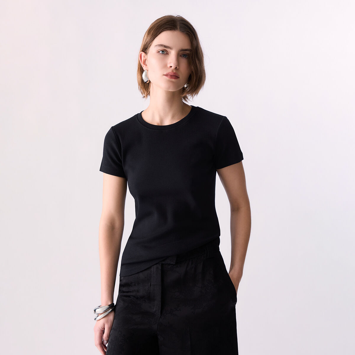 T-shirt côtelé avec patch logo noir, LIU JO