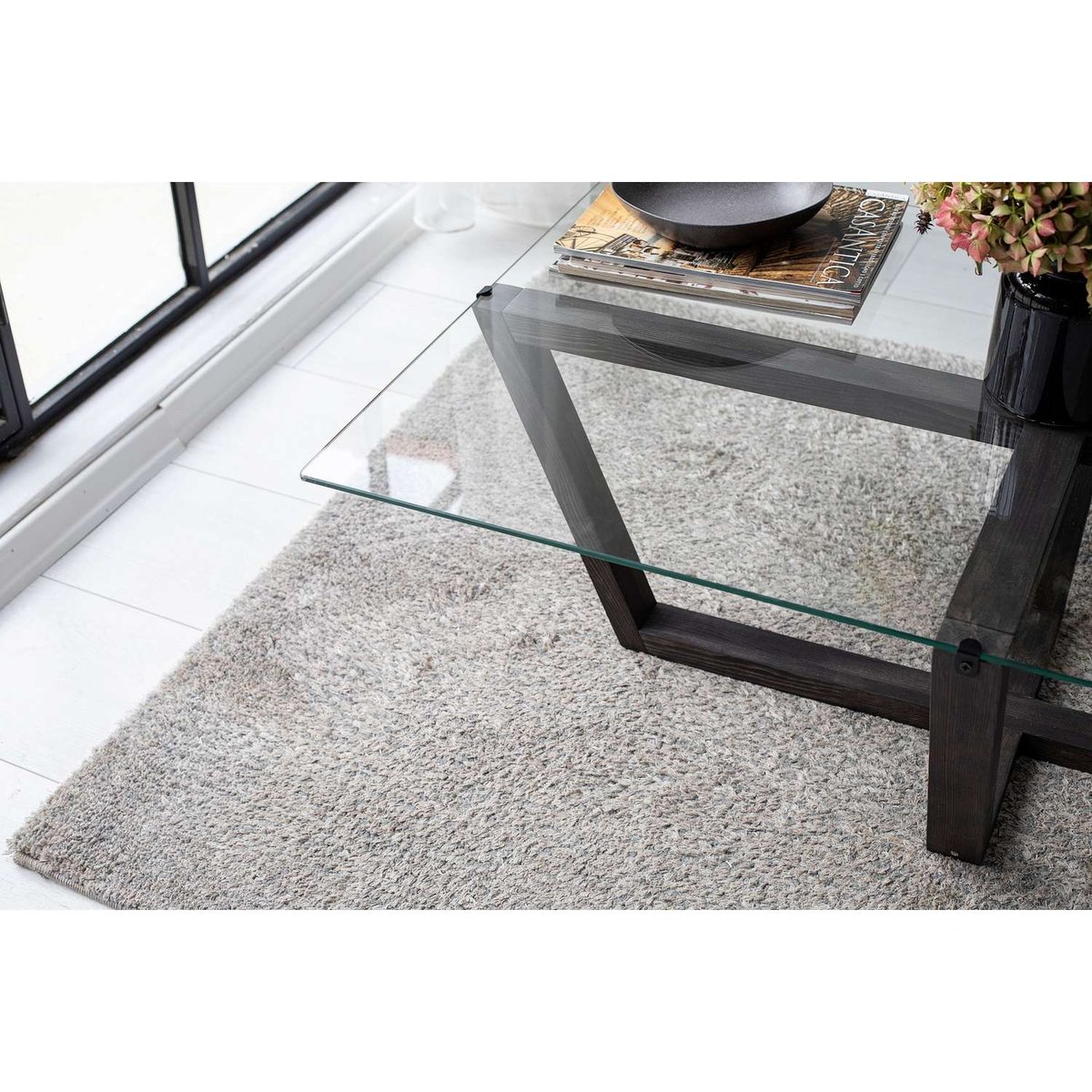 Table basse en verre trempé et bois massif ONYXALE gris foncé, TOILINUX
