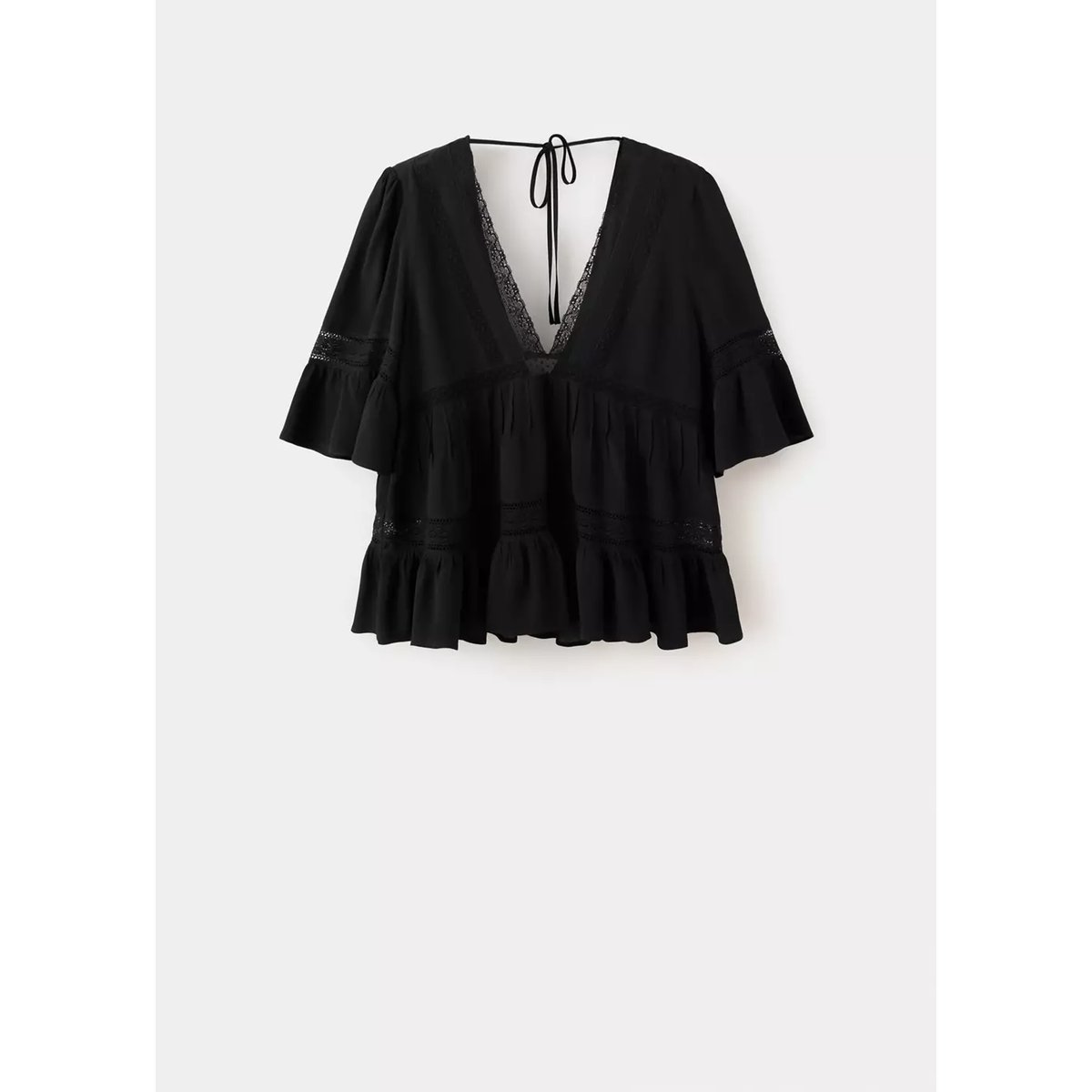 Blouse col en V en dentelle noir, MANGO