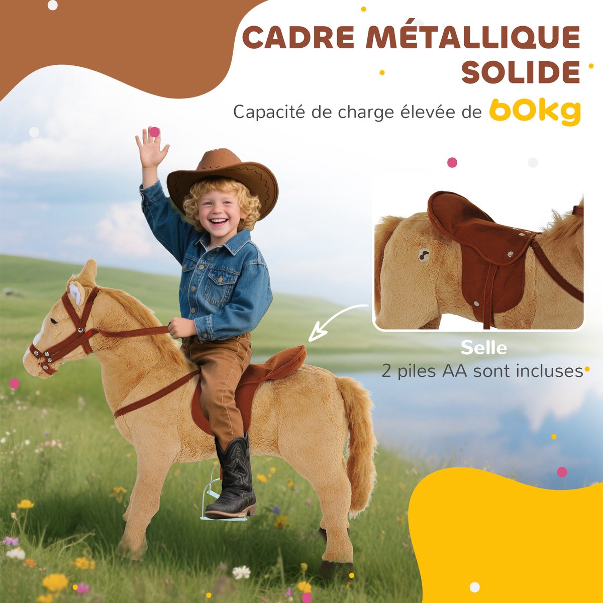 Cheval à bascule pour enfants Peluche courte beige, HOMCOM