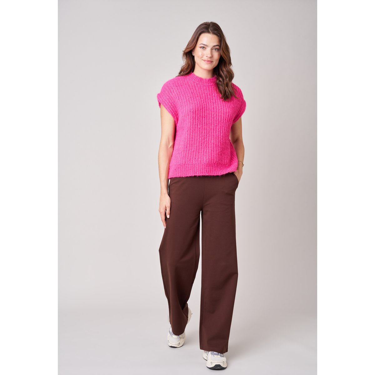 Pull à manches courtes femme en maille douce SYLBIA rose, DEELUXE