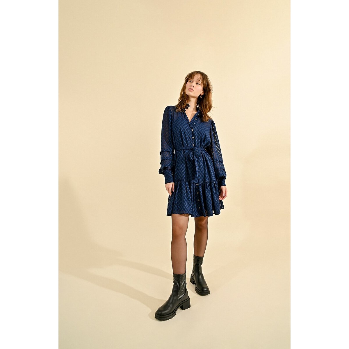 Buttoned Mini Dress with Tie-Waist and High Neck navy blue, MOLLY BRACKEN