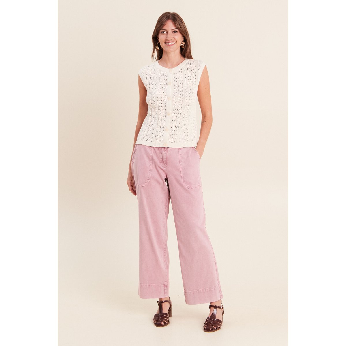 Gilet ajouré droit court col rond ecru, BREAL