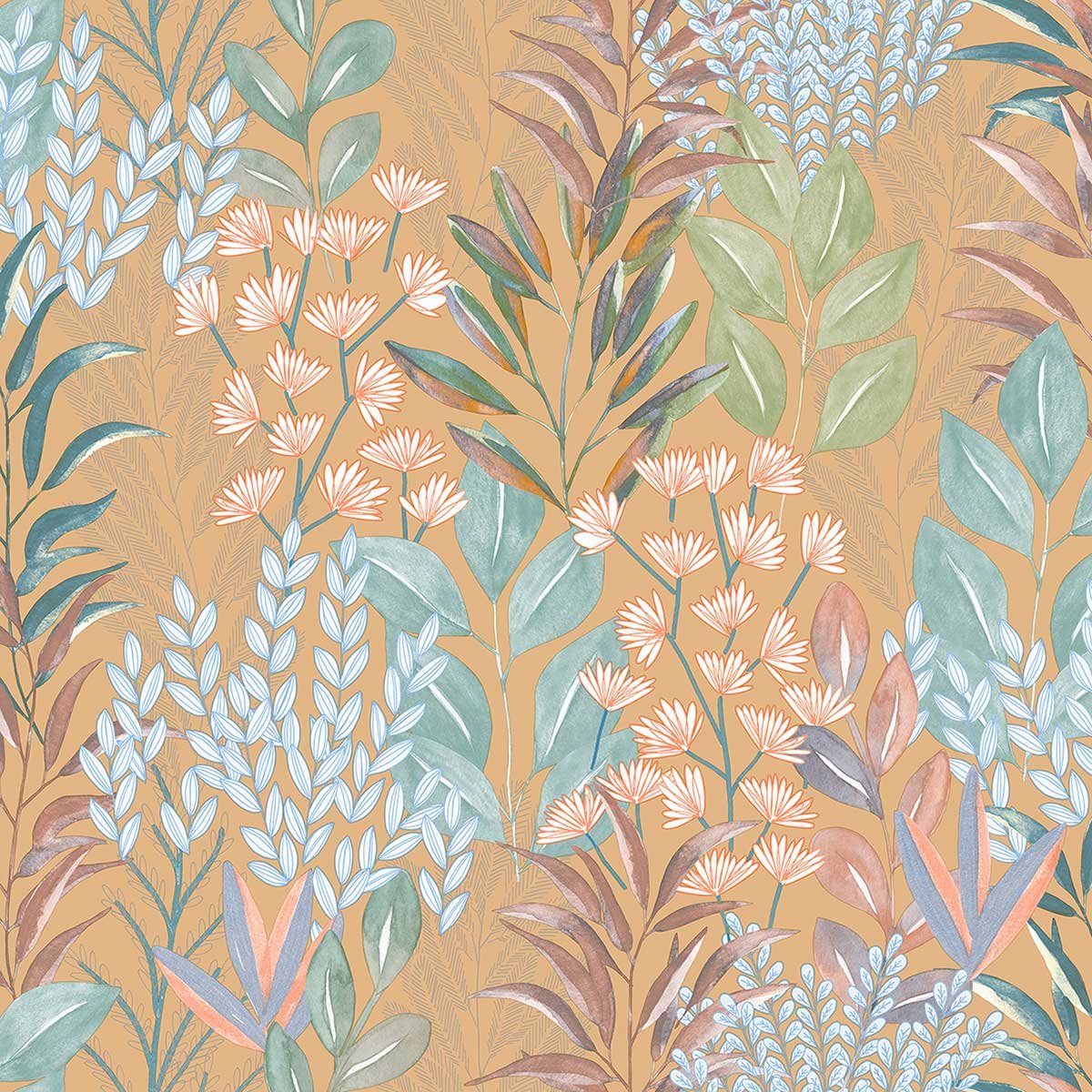 Papier peint feuillage aquarelle fond ocre multicolore, HEXOA