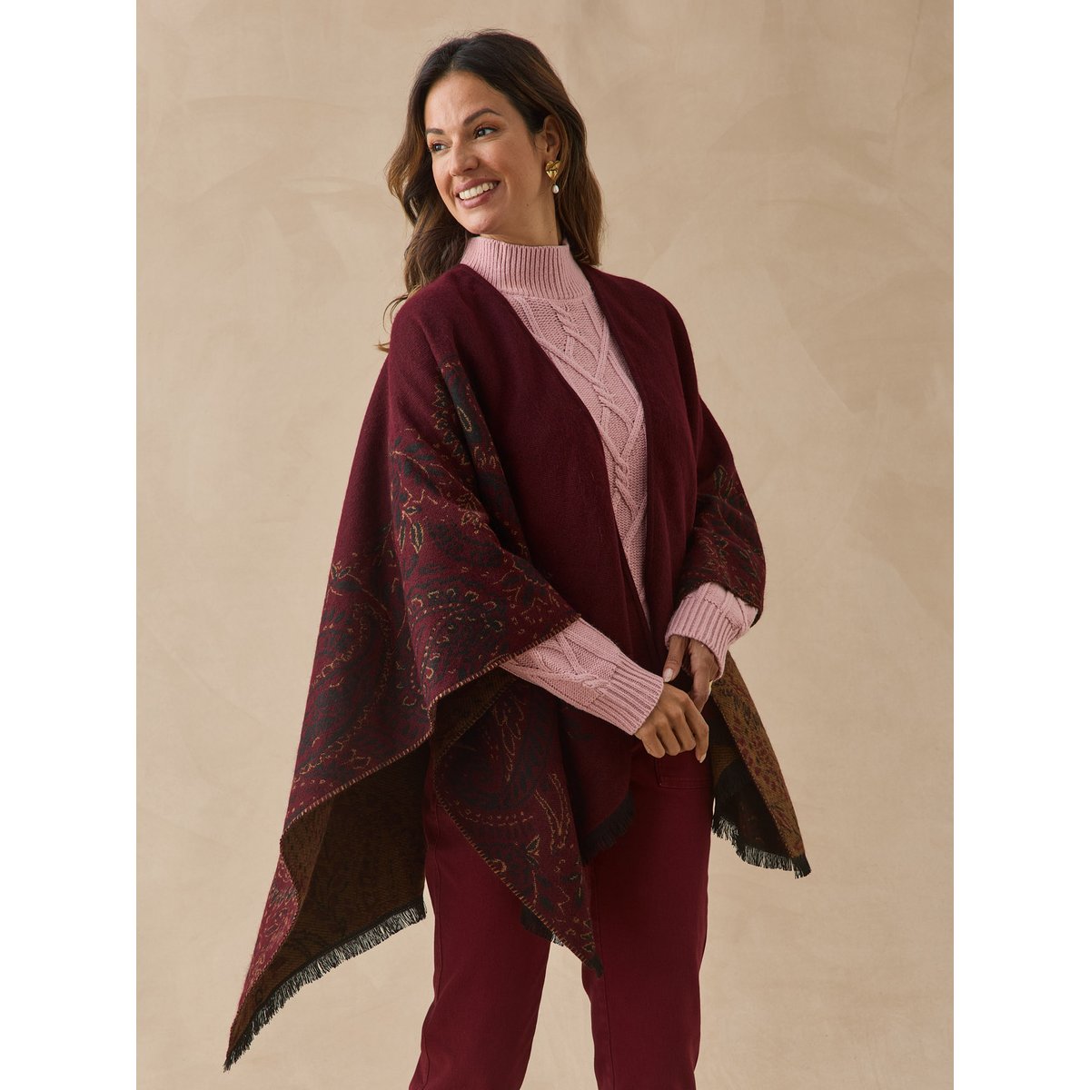 Poncho jacquard à franges bordeaux, DAXON