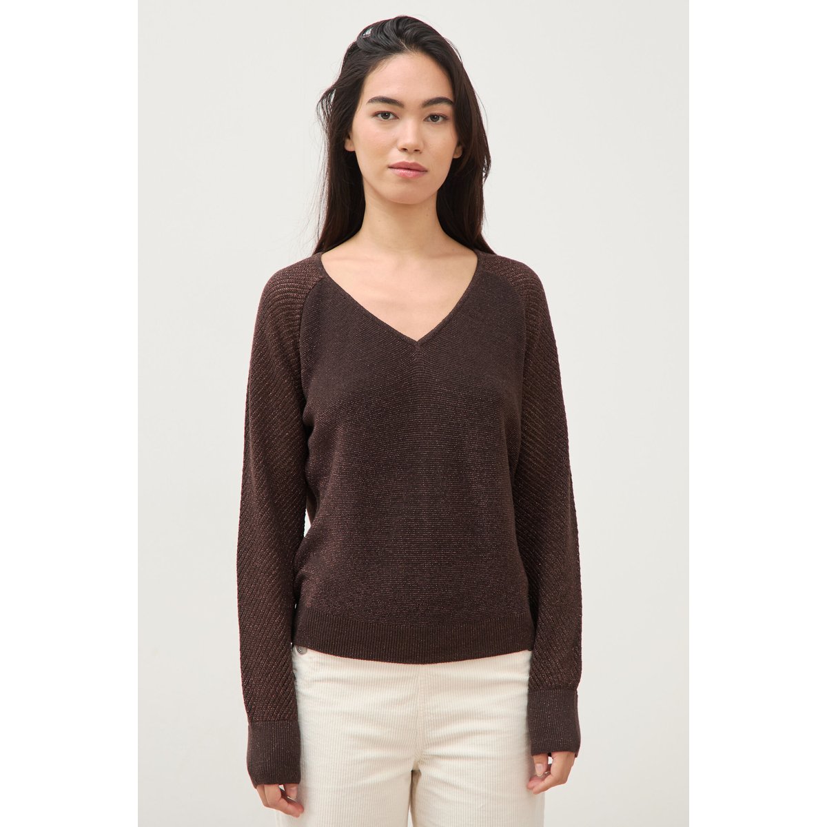 Pull droit col v manches longues marron, BONOBO