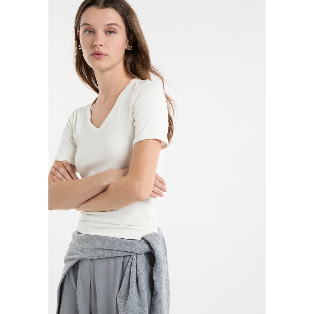 T-shirt à col V avec coton modal TANDEM blanc, ETAM