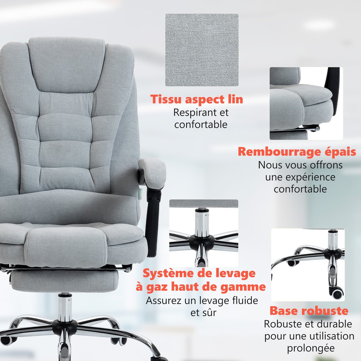 Fauteuil de bureau avec fonction massage gris clair, HOMCOM