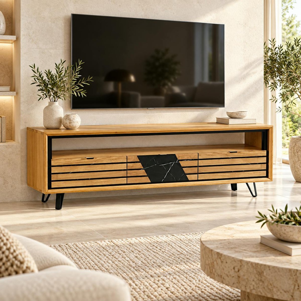 Meuble tv design en bois de chêne finition miel, 3 tiroirs ESSEN chêne miel, PIER IMPORT