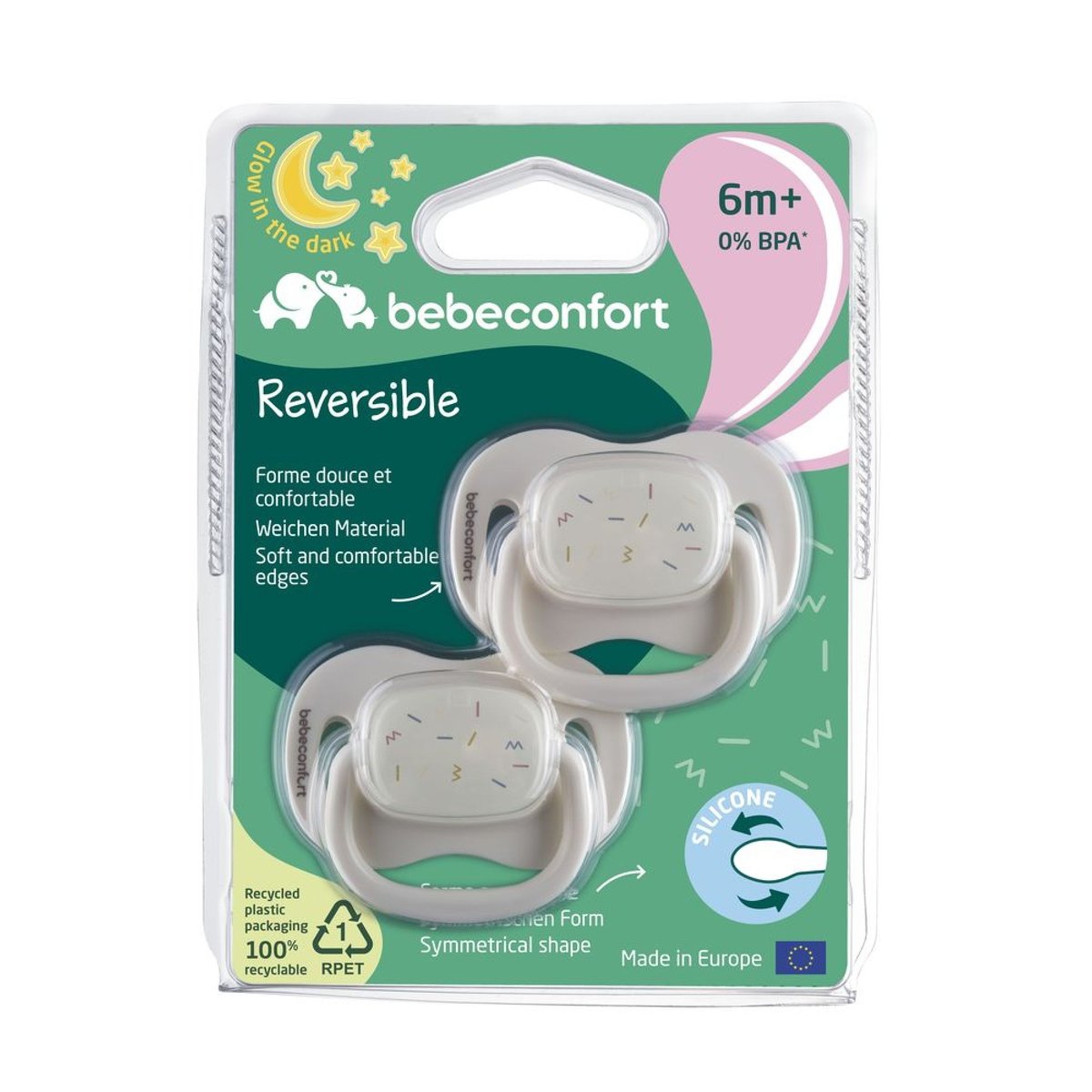 Lot de 2 sucettes réversible phosphorescente silicone 6-18 mois Sand couleur unique, BEBECONFORT