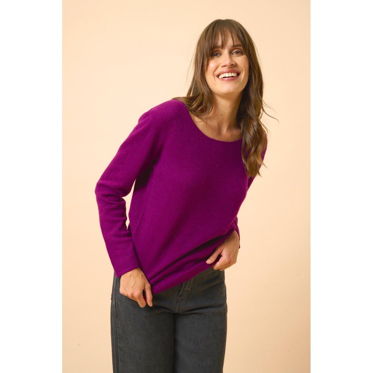 Pull Col Bateau Prune Fiona violet foncé, JUST CASHMERE