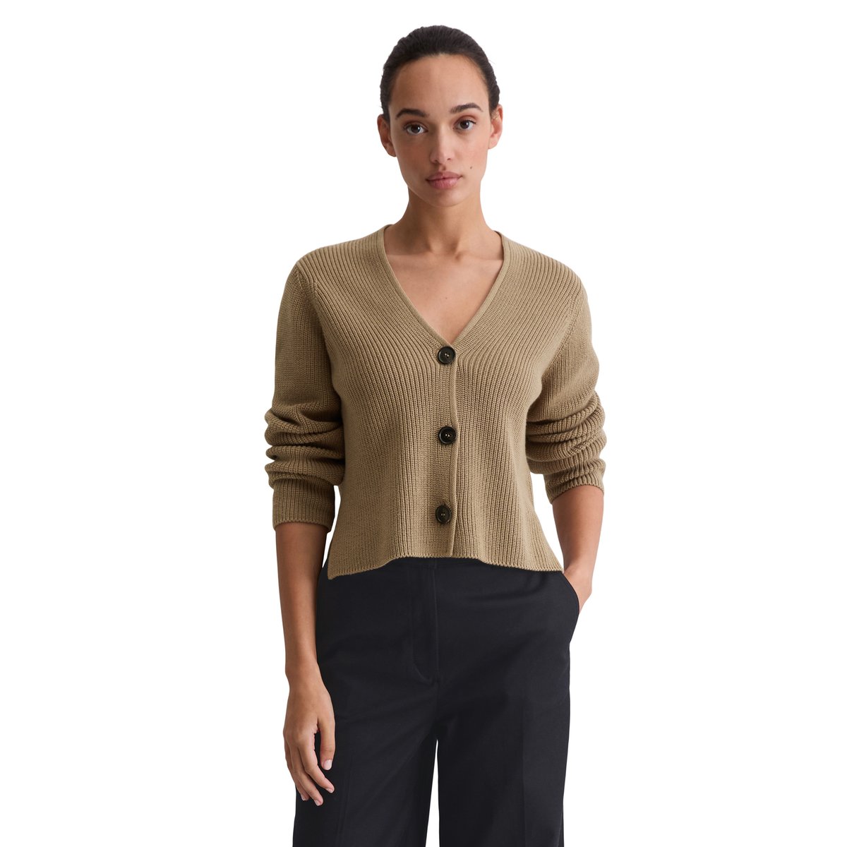 Cardigan col V relaxed en coton organique lourd marron, MARC O'POLO