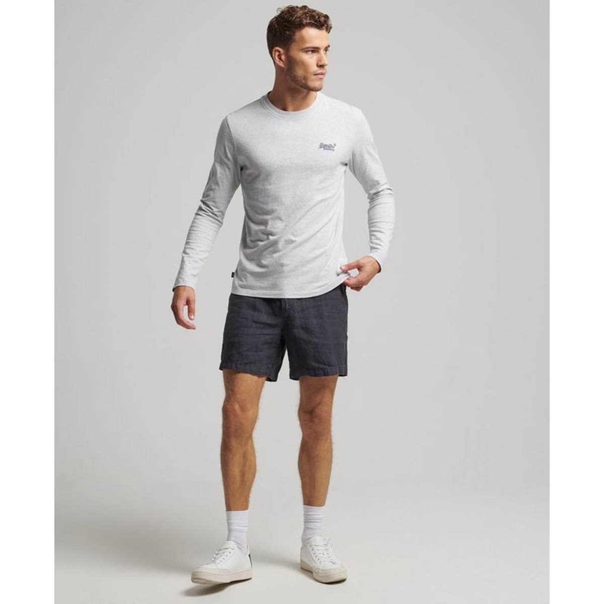 Short en lin surteint graphite bleu, SUPERDRY